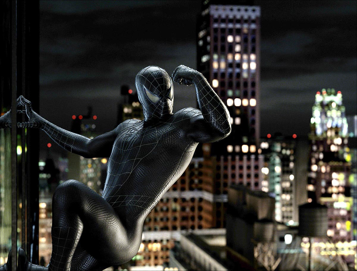 Tobey Maguire as Spider-Man in the all-black symbiote suit, which appeared ...