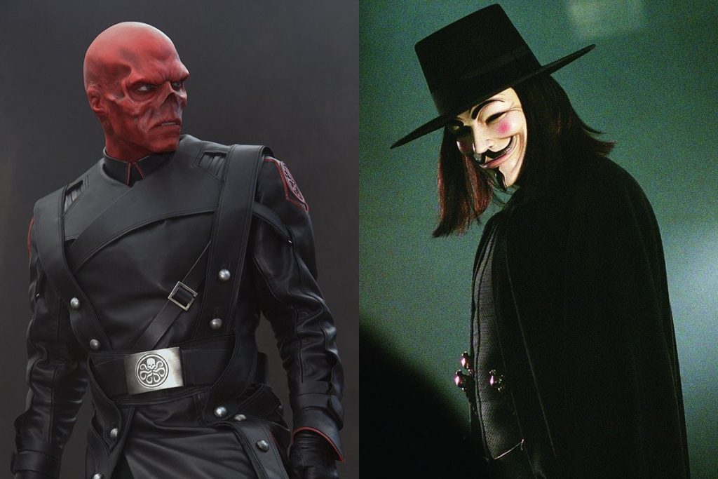 Hugo Weaving as Red Skull and the masked vigilante in V for Vendetta 