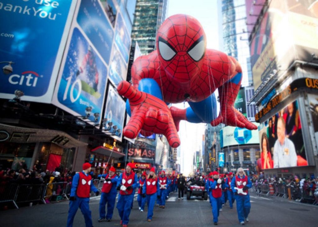 A gigantic Spider-Man balloon floats down the New York City streets in the Macy's Thanksgiving Day parade.