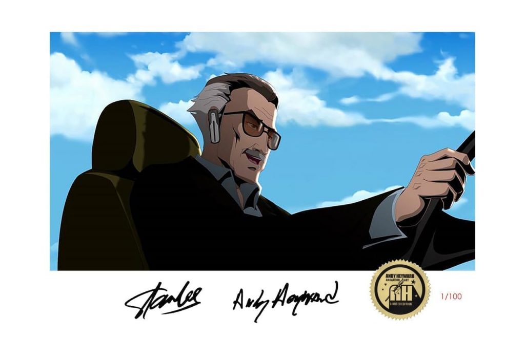 A lithograph of an animated Stan Lee driving a car with his hands on the wheel and a blue sky with clouds above him