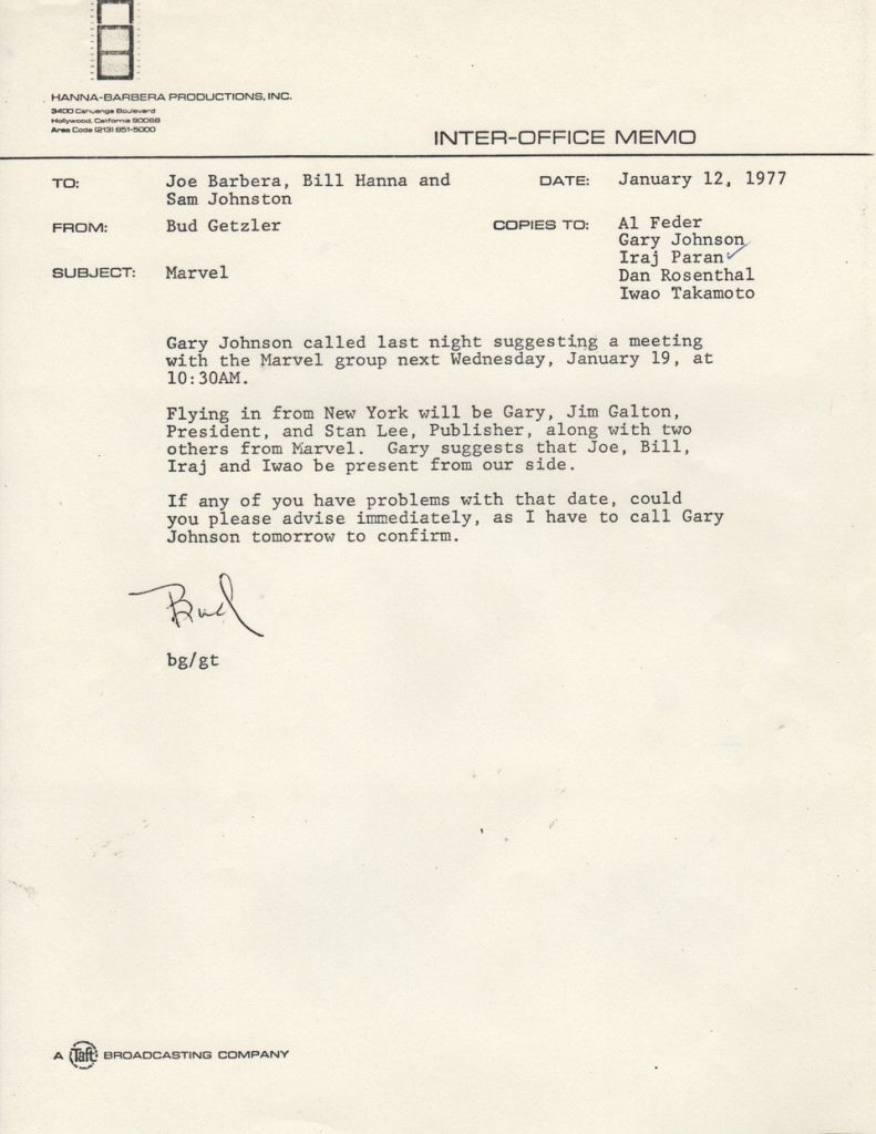 A memo from 1977 regarding a meeting with Marvel and Hanna-Barbera 