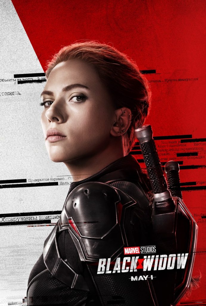 A movie poster for the Marvel movie Black Widow with a red and white background with Scarlett Johansson as Black Widow dressed in black in the foreground. 