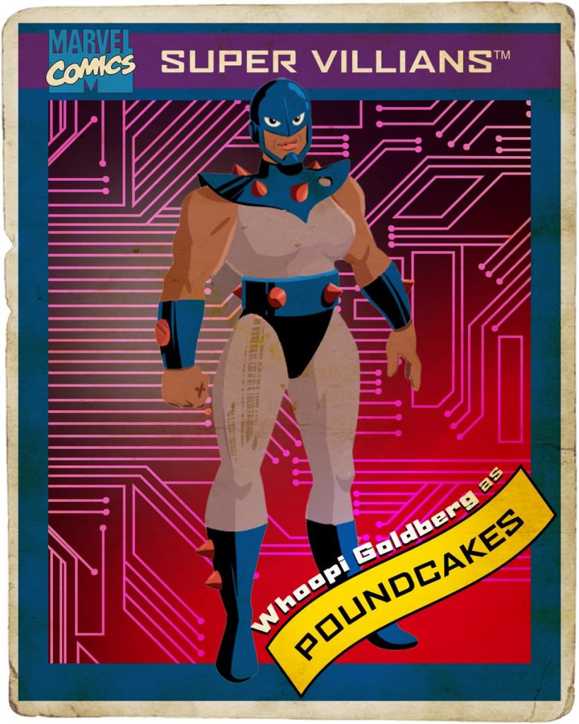 Retro Marvel trading card with purple and pink background with Poundcakes in the center