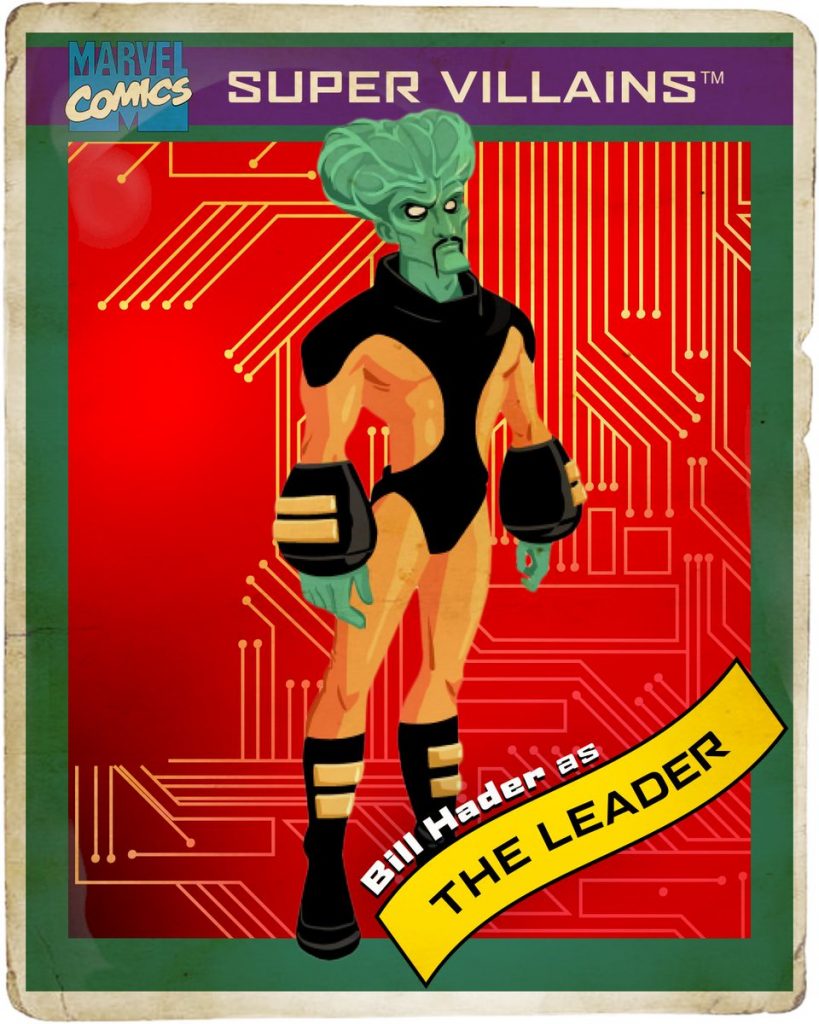 Retro Marvel trading card with red background with The Leader in the center.