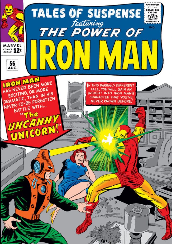 Cover of Marvel Comics' Tales of Suspense #56 featuring the Uncanny Unicorn projecting yellow energy from its headgear towards Iron Man