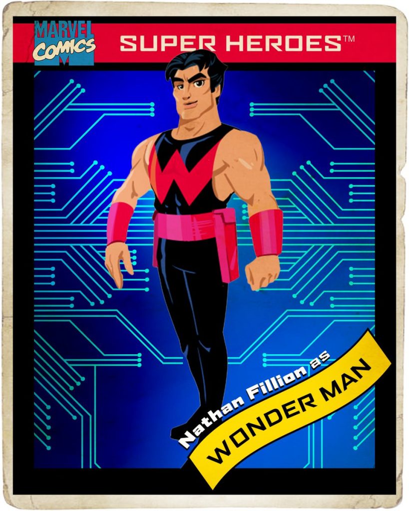 Retro Marvel trading card design with blue background and Wonder Man in the center