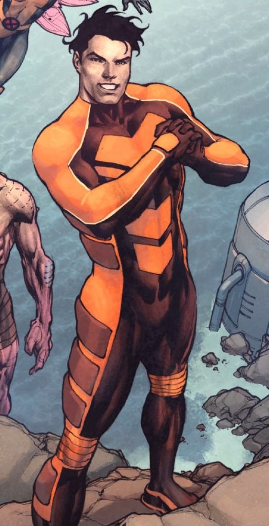 The Marvel character Velocidad with him arms crossed in an orange superhero suit