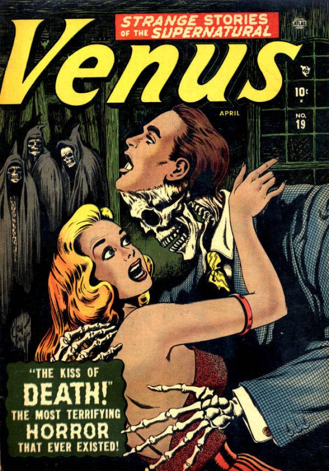 A cover of Venus from Marvel Comics, featuring Venus with her arms around a man in a suit who turns out to be a skeleton