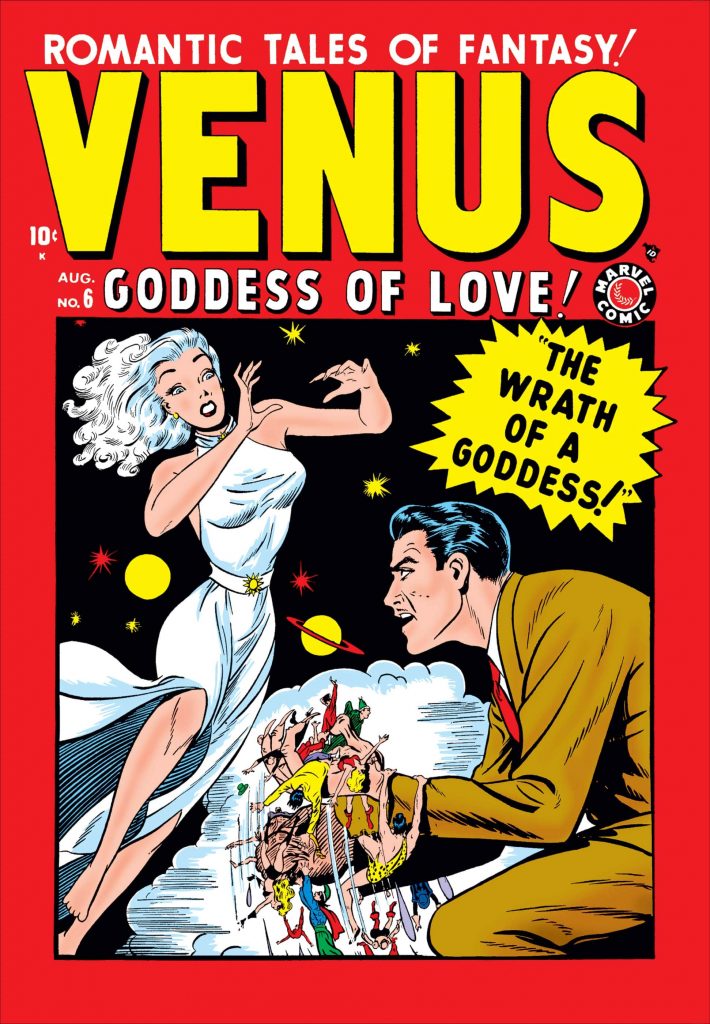 Red comic book cover featuring Venus, the Goddess of Love in a white dress next to a nefarious looking man in a tan suit