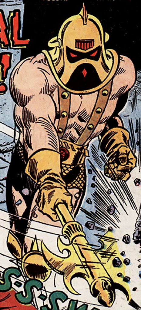 An image of Victorius from Marvel Comics, with an orange helmet and pointing a yellow spear