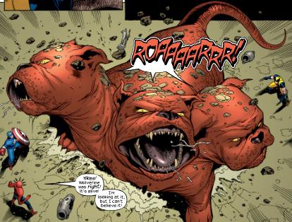 A giant three headed red dog roars in the pages of Marvel Comics.