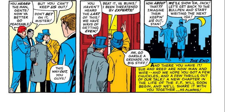 A panel from Fantastic Four Annual #3 with Stan Lee and Jack Kirby cameos