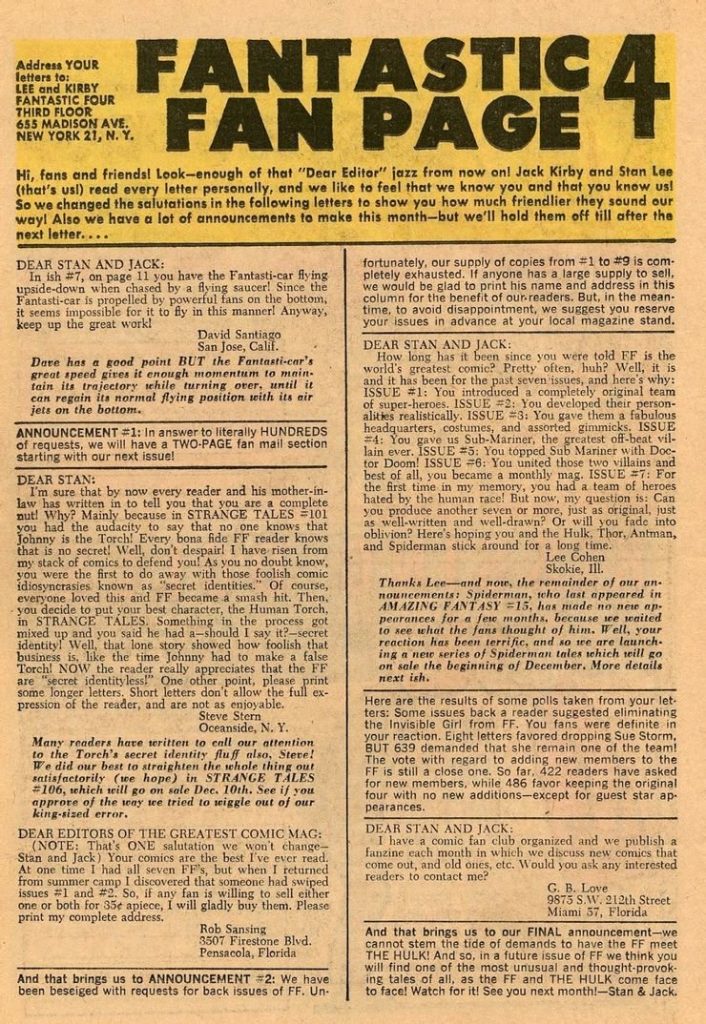 A letters page from Fantastic Four