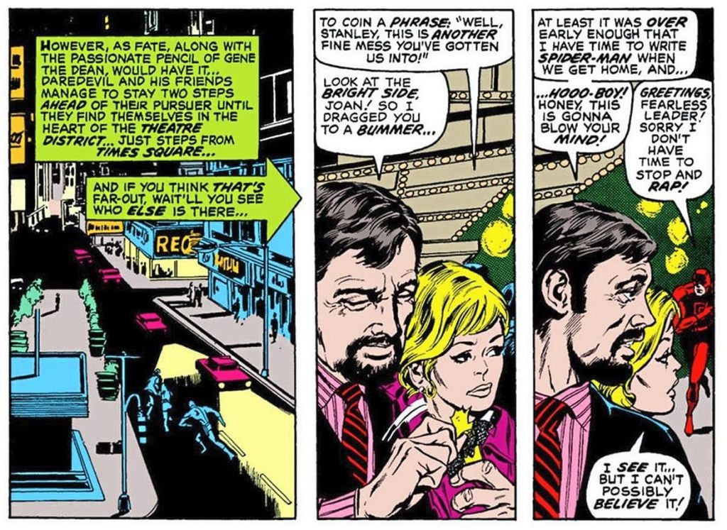 Stan Lee and Joan Lee cross paths with Daredevil in New York City in Daredevil #79.