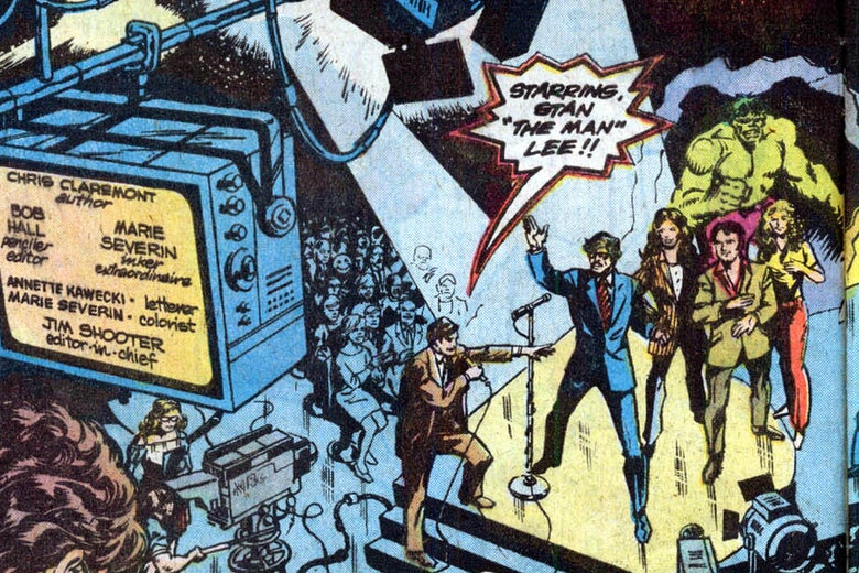 Stan Lee on stage at Saturday Night Live in the comic Marvel Team-Up #74.