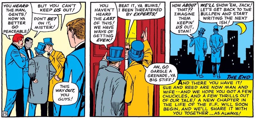 Stan Lee and Jack Kirby, dressed in formalwear, crash the wedding of Reed Richards and Sue Storm in Fantastic Four Annual #3.