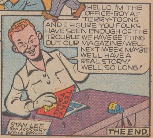 Stan Lee as a young man sitting at a desk speaking in Terry Toons Comics from 1943.