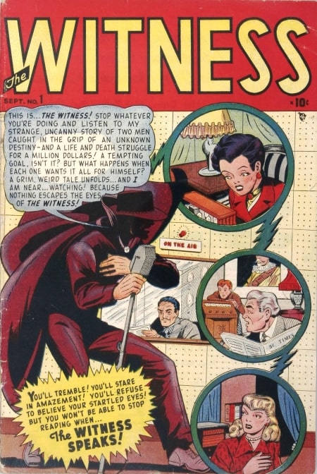 A page from The Witness #1, a Marvel comic from the 1940s featuring a masked character at a microphone at a radio station.