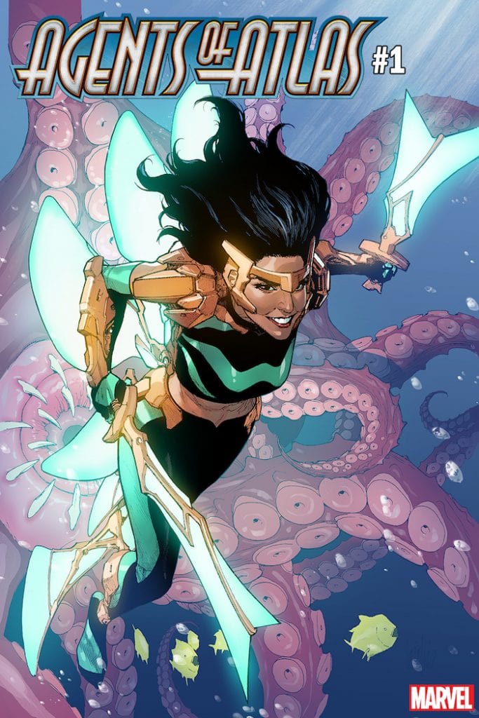 Filipina Marvel character Wave in a black and teal suit on the cover of Agents of Atlas #1.