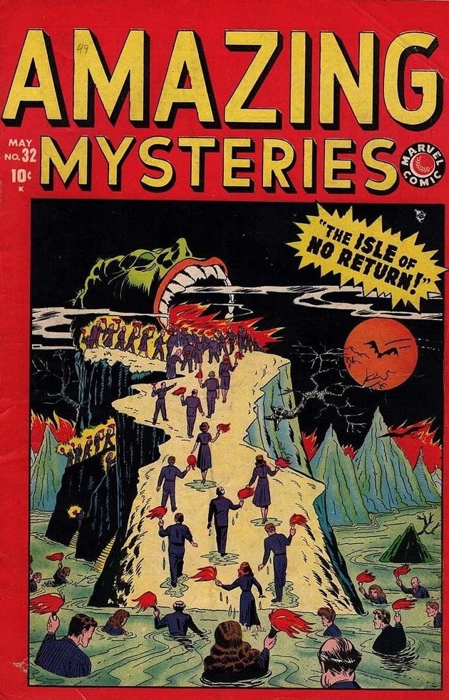 The cover of Amazing Mysteries #32 with a red background and people walking up a glacier with fire towards a giant green monster