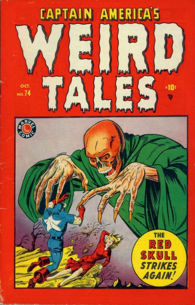 The cover of Captain America's Weird Tales #74 with a red background and a large Skrull with a green top on terrorizing Captain America and a lady in red.