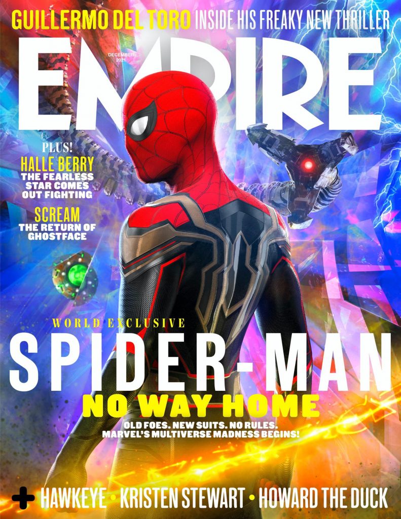 Spider-Man in a blue and red costume on the cover of Empire magazine against a colorful backdrop