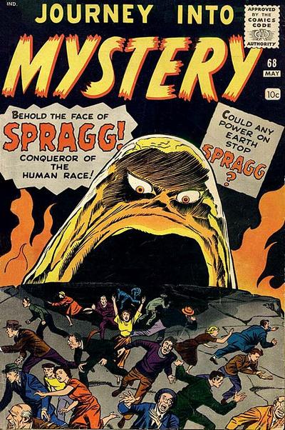 The cover of Journey Into Mystery #68 with a giant yellow monster with its mouth open, orange flames behind it, and people running away from it.