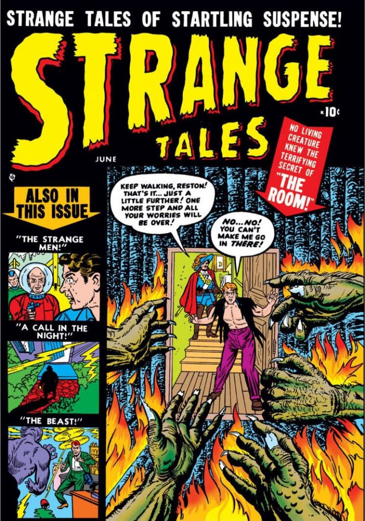 The cover for Strange Tales with a black background, a large box with a man entering a room filled with green hands and fire, and three smaller boxes with imagery to the left. 