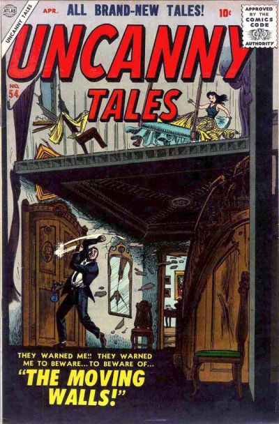The cover for Uncanny Tales #54 with a large room and a man trying to get out a brown door
