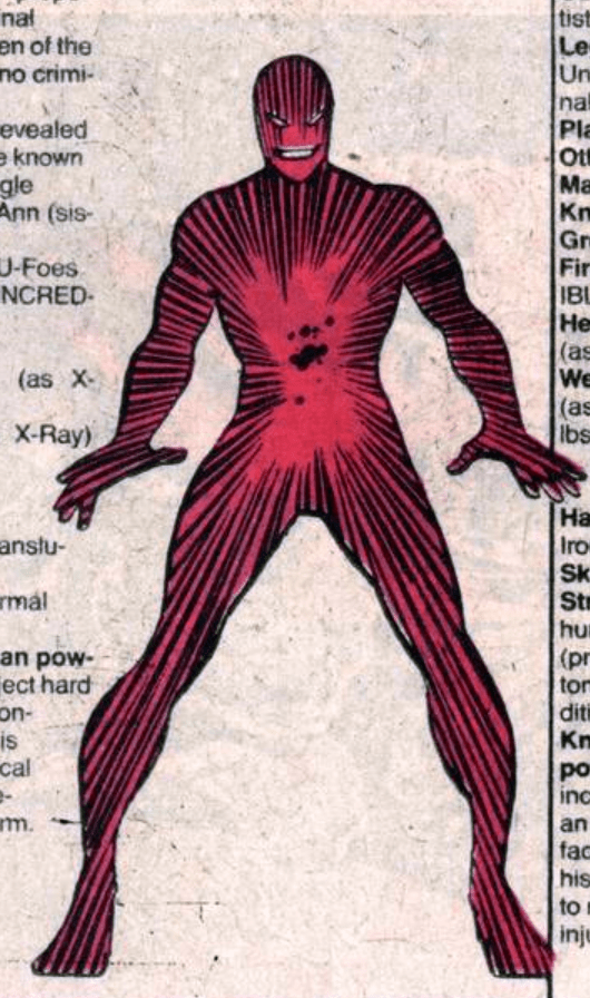 X-Ray, a Marvel Comics character, with a red-pink body with rays emanating from his limbs