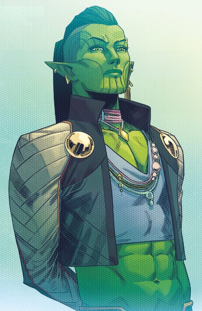Xavin, a Marvel Comics character, as a green figure with a gold and black vest.