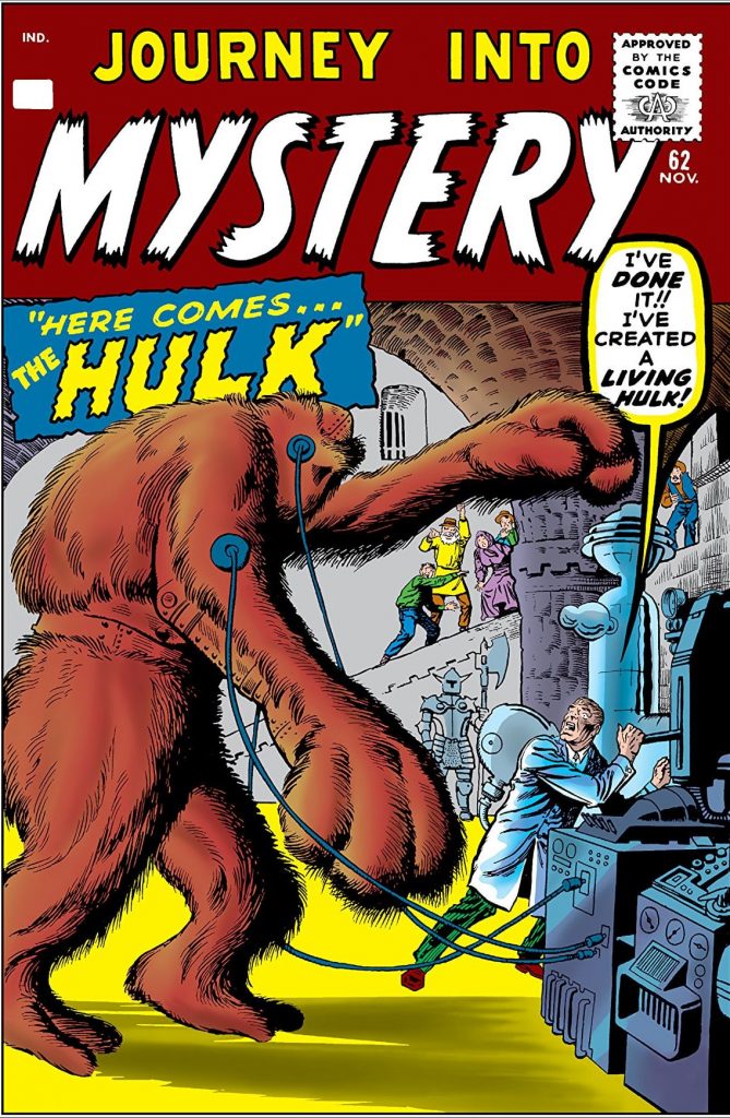 The cover of Journey Into Mystery #62 with a red giant hulk, Xemnu, on the cover threatening a scientist.