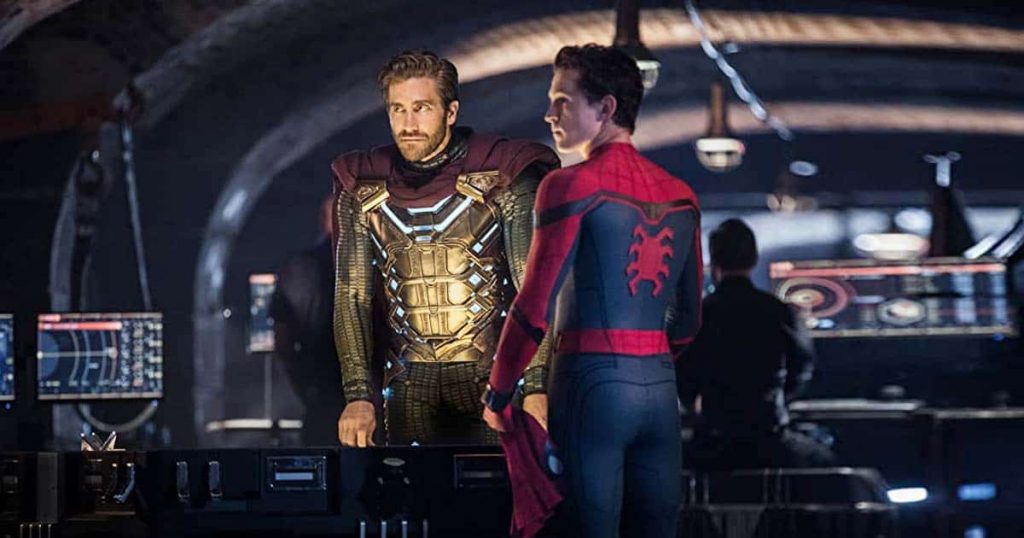 Jake Gyllenhaal in a gold plated suit and Tom Holland in a red and blue Spider-Man suit in Spider-Man: Far From Home