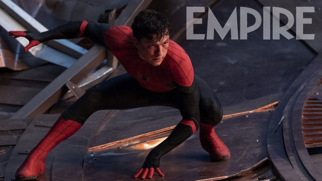 Spider-Man in a red and black outfit crouched down 