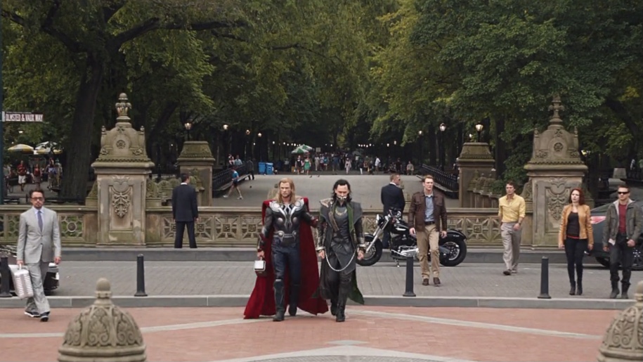 The Avengers arrive in Central Park to see Loki and Thor off.