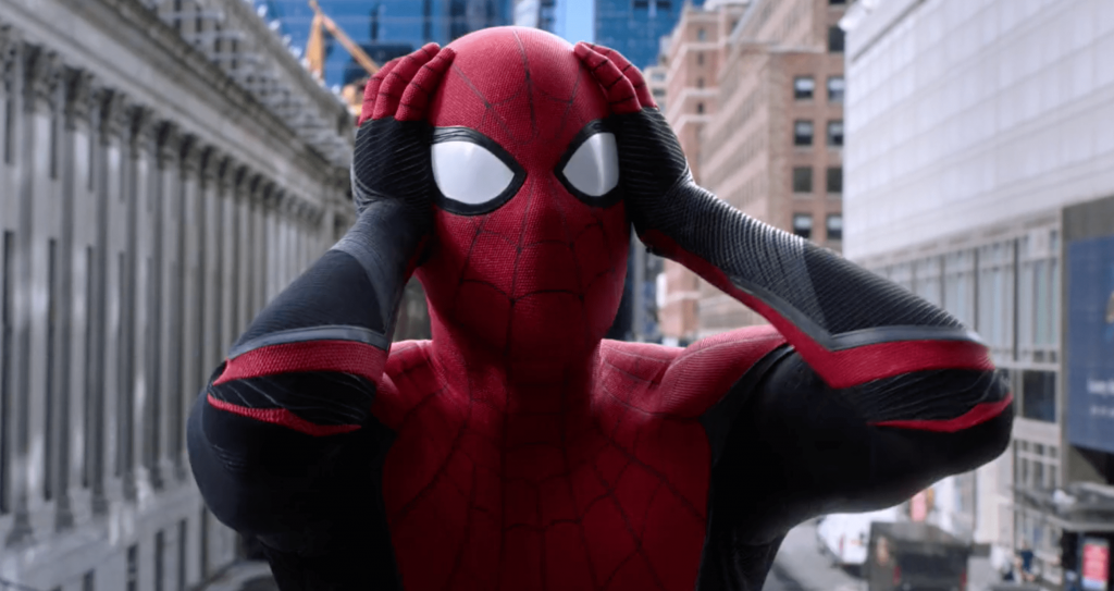 Spider-Man with his hands on his head in a look of surprise