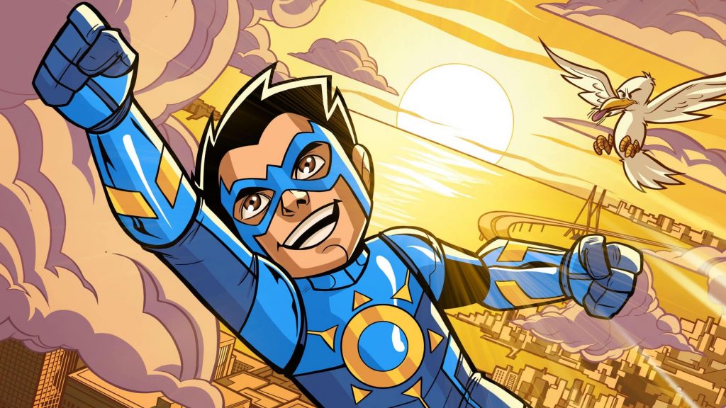 A young boy in a blue superhero suit flies through sunny skies over the city of Mumbai