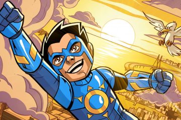 A young boy in a blue superhero suit flies through sunny skies
