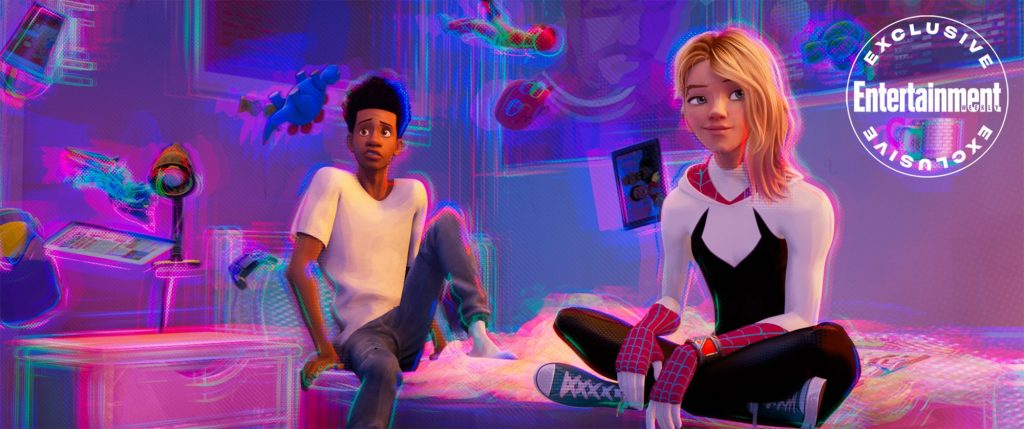 Miles Morales and Gwen Stacy sit in a colorful room in a still from Spider-Man: Across the Spider-Verse