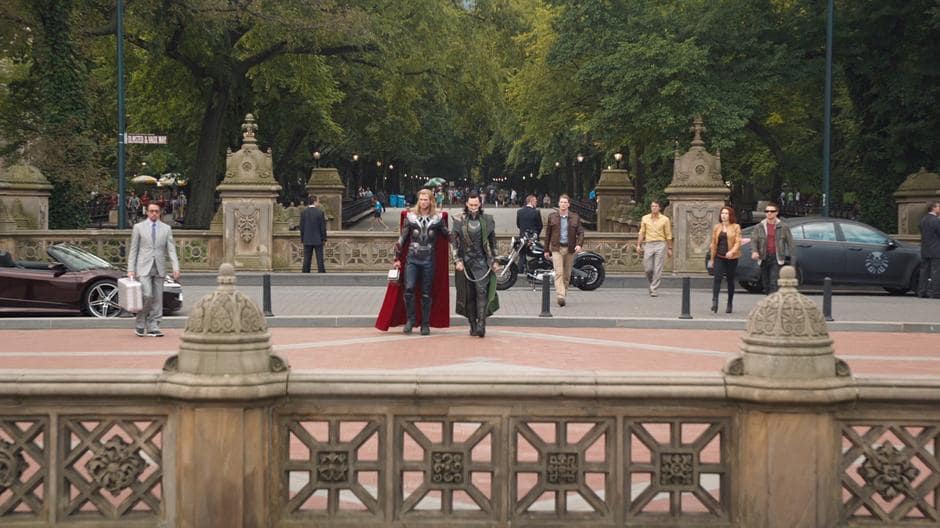 Thor and Loki in Central Park in New York City in The Avengers.