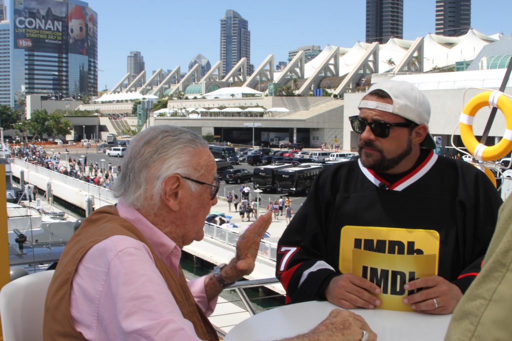 Stan Lee talking to Kevin Smith on the IMDb boat at San Diego Comic Con